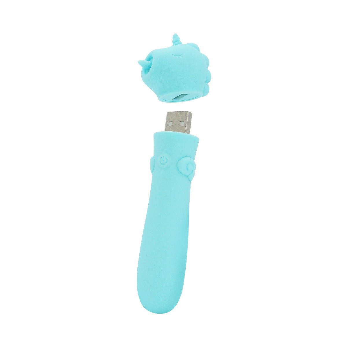 Turquoise USB drive with a cute design on a white background